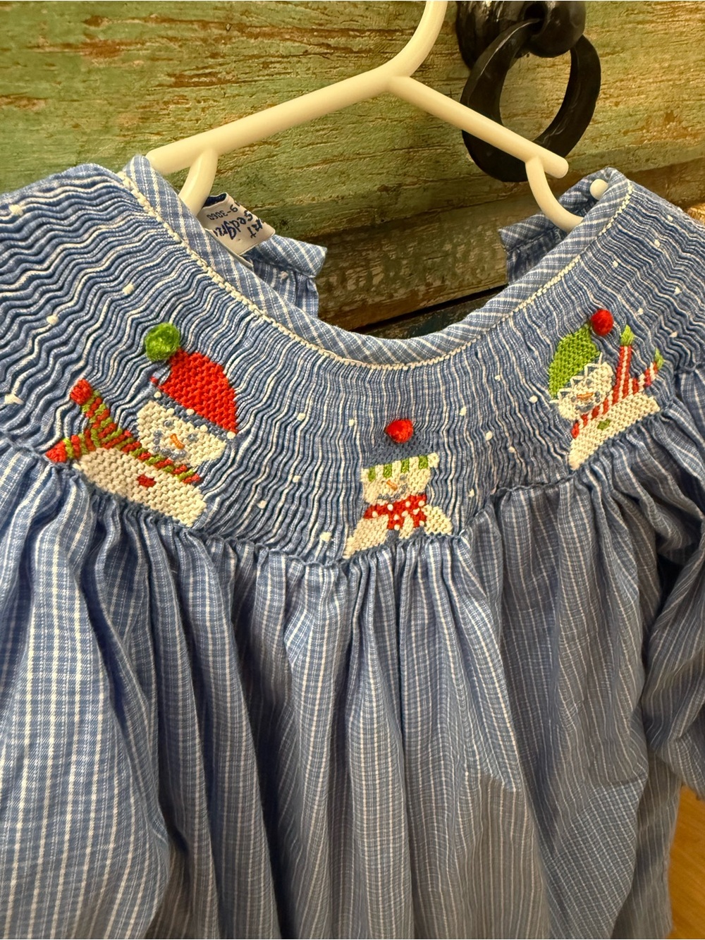 Blue Smocked Kids Dress with Embroidered Snowmen - Picture 3 of 3